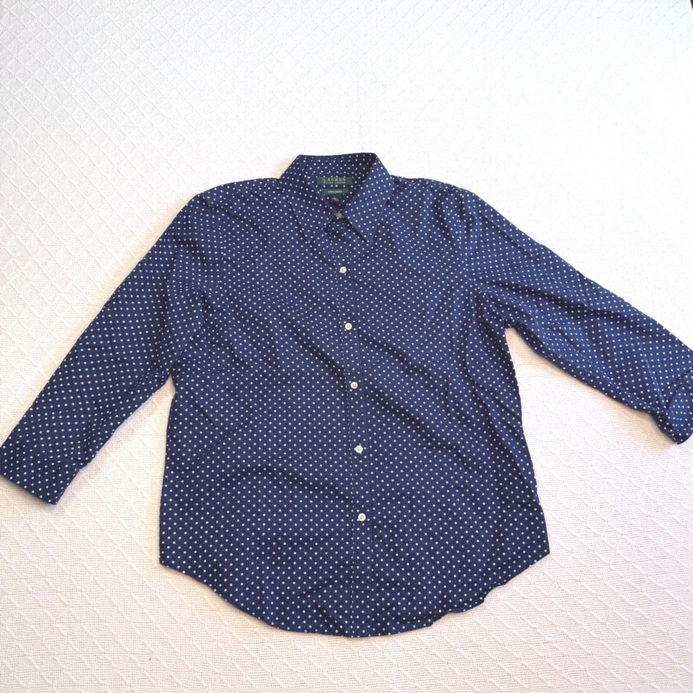 Lauren Ralph Lauren Navy Blue Polka Dot Non-Iron Cotton Button Down Shirt L